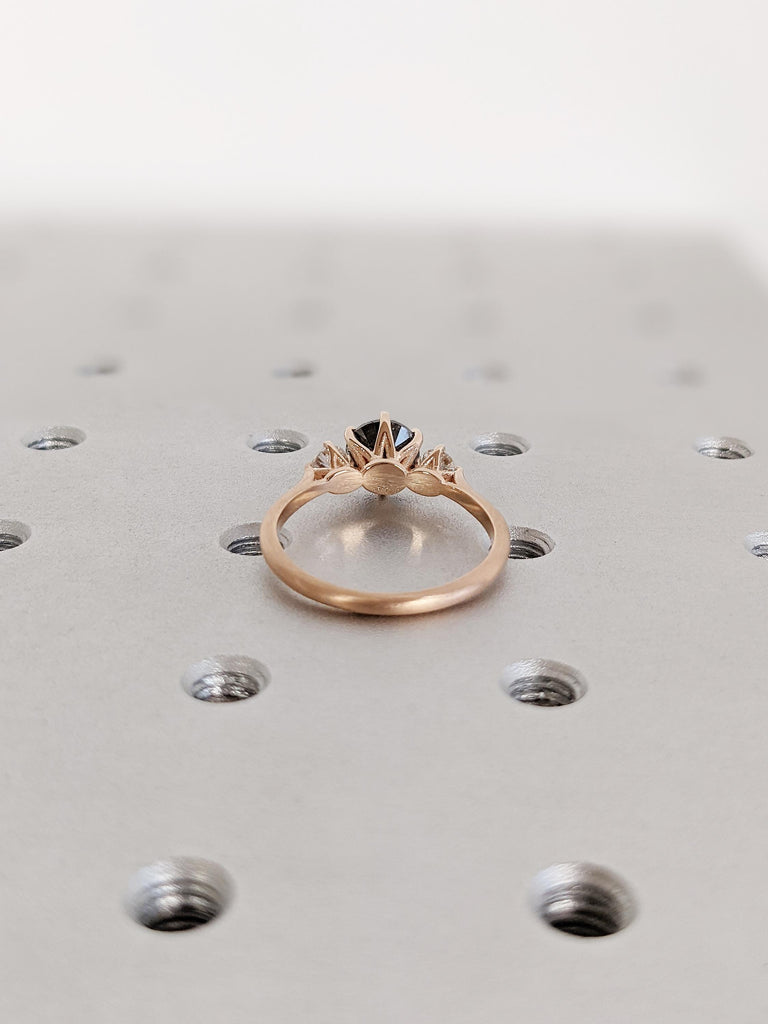 Unique 14K Solid Rose Gold Salt and Pepper 3-Stone White Diamond Ring, Vintage Claw Prong Salt & Pepper Wedding Ring, Christmas Gift for Her
