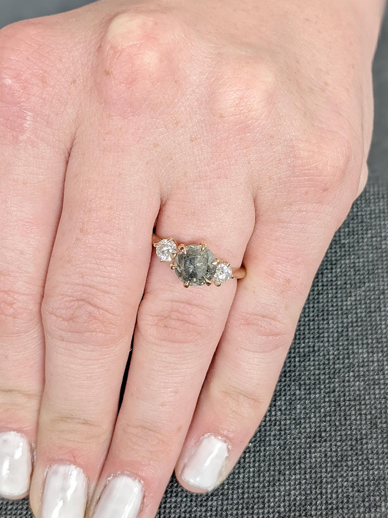 Unique 14K Solid Rose Gold Salt and Pepper 3-Stone White Diamond Ring, Vintage Claw Prong Salt & Pepper Wedding Ring, Christmas Gift for Her