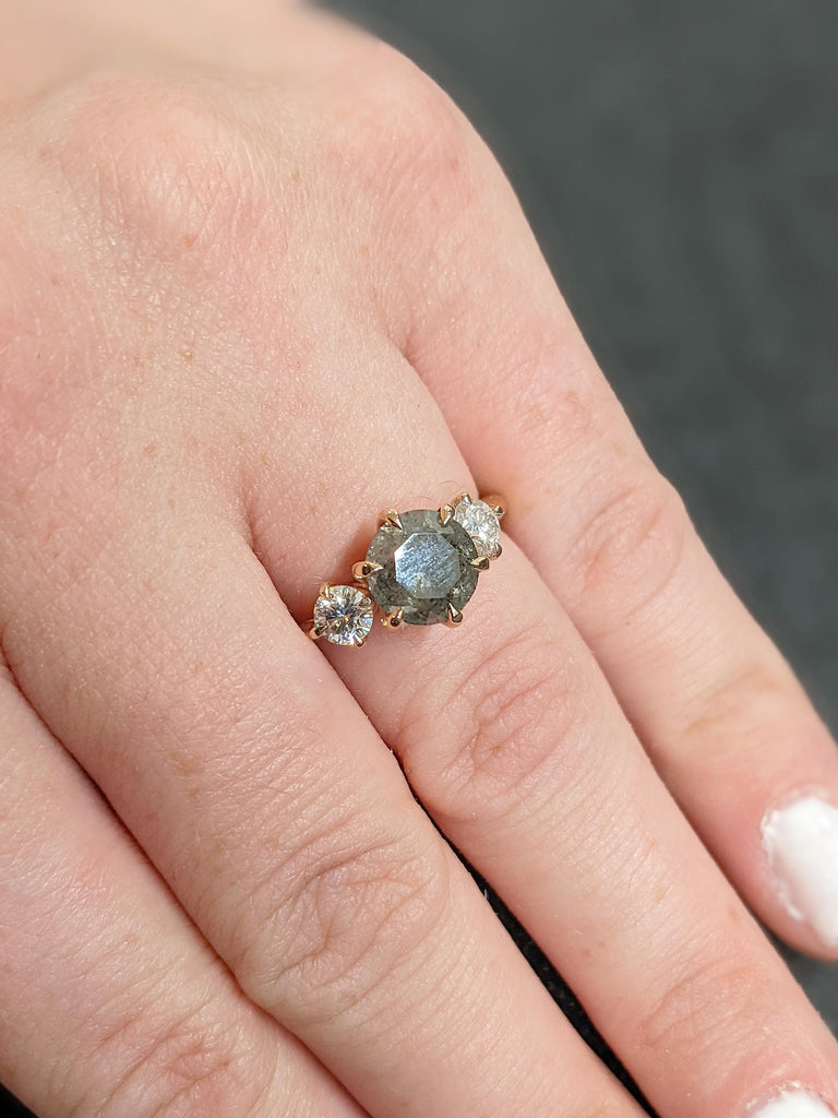 Unique 14K Solid Rose Gold Salt and Pepper 3-Stone White Diamond Ring, Vintage Claw Prong Salt & Pepper Wedding Ring, Christmas Gift for Her