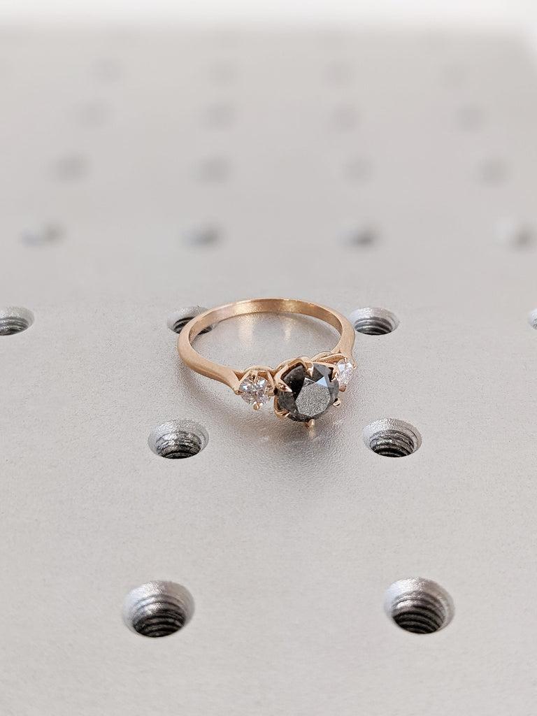 Unique 14K Solid Rose Gold Salt and Pepper 3-Stone White Diamond Ring, Vintage Claw Prong Salt & Pepper Wedding Ring, Christmas Gift for Her