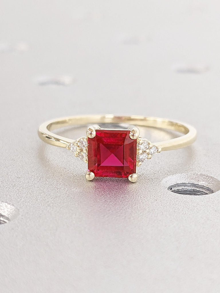 Asscher Cut Lab Ruby Engagement Ring | Art Deco 14k Yellow Gold Ring | Dainty Red Ruby Ring | Promise Ring for Her | Wedding Rings for Women