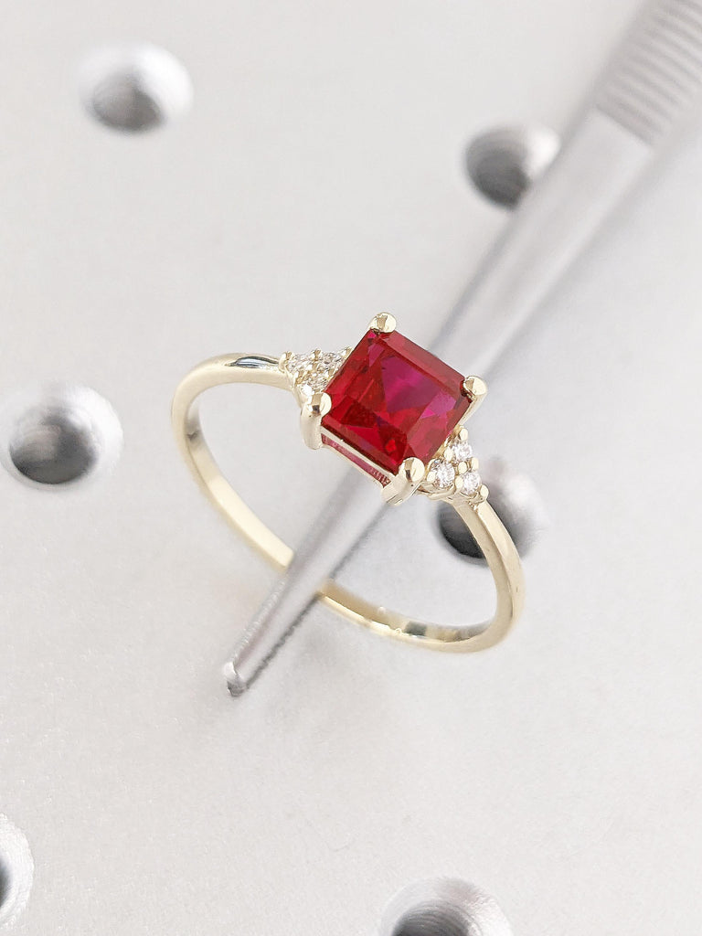 Asscher Cut Lab Ruby Engagement Ring | Art Deco 14k Yellow Gold Ring | Dainty Red Ruby Ring | Promise Ring for Her | Wedding Rings for Women