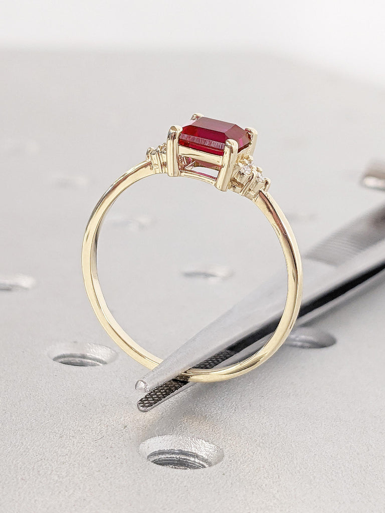 Asscher Cut Lab Ruby Engagement Ring | Art Deco 14k Yellow Gold Ring | Dainty Red Ruby Ring | Promise Ring for Her | Wedding Rings for Women