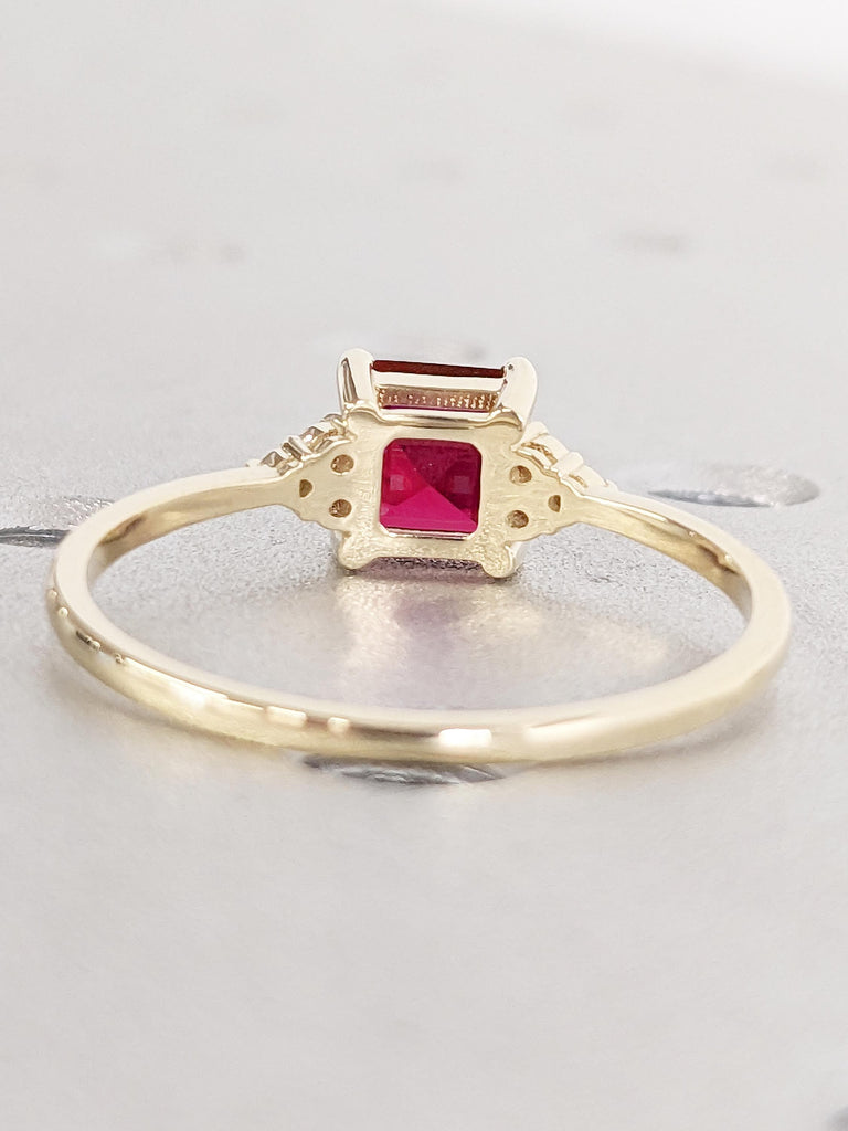 Asscher Cut Lab Ruby Engagement Ring | Art Deco 14k Yellow Gold Ring | Dainty Red Ruby Ring | Promise Ring for Her | Wedding Rings for Women