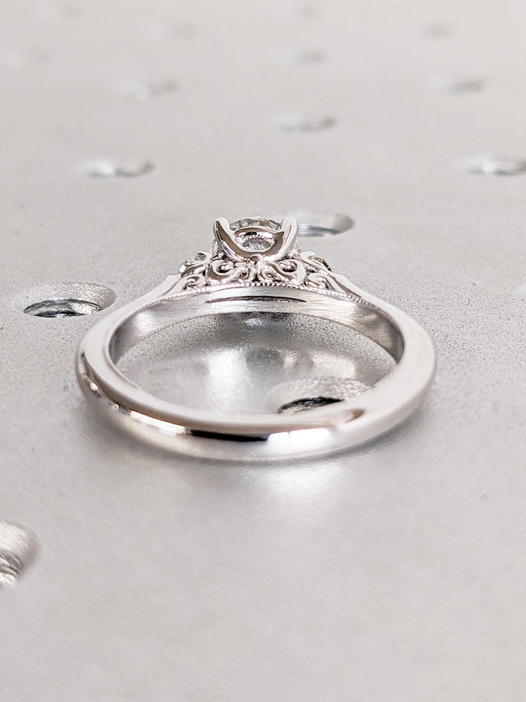 14k White Gold Moissanite Promise Ring for Her | Round Cut Moissanite Wedding Ring | Vintage Anniversary Ring | Filigree and Milgrain Ring