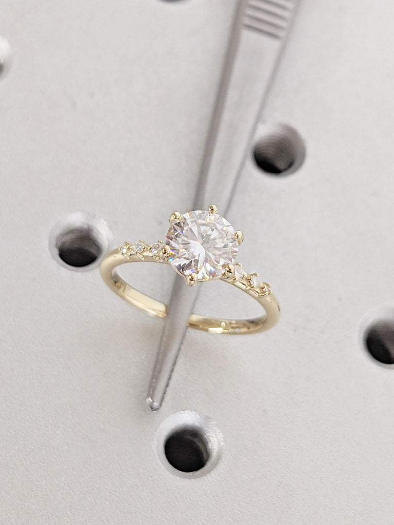 Vintage Round Moissanite Engagement Ring | Unique Yellow Gold Diamond Wedding Ring | Cluster Promise Wedding Ring by Braverman Jewelry