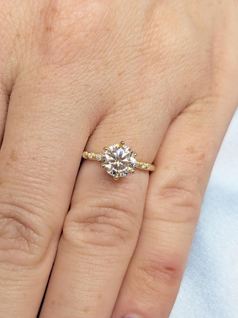 Delicate Lab Grown Diamond Yellow Gold Ring | Round Cut Lab Diamond Solitaire Cluster Ring | Prong Set Ring for Her | Promise Bridal Ring