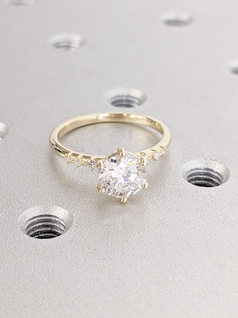 Delicate Lab Grown Diamond Yellow Gold Ring | Round Cut Lab Diamond Solitaire Cluster Ring | Prong Set Ring for Her | Promise Bridal Ring