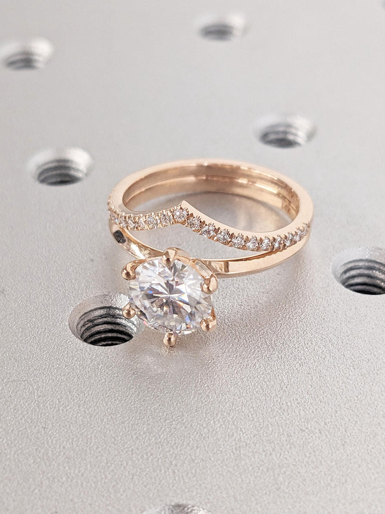 Round Cut Moissanite Wedding Ring 2pc Set | Solid 14k Rose Gold Engagement Ring | Dainty Curve Diamond Stacking Ring | Women Proposal Ring