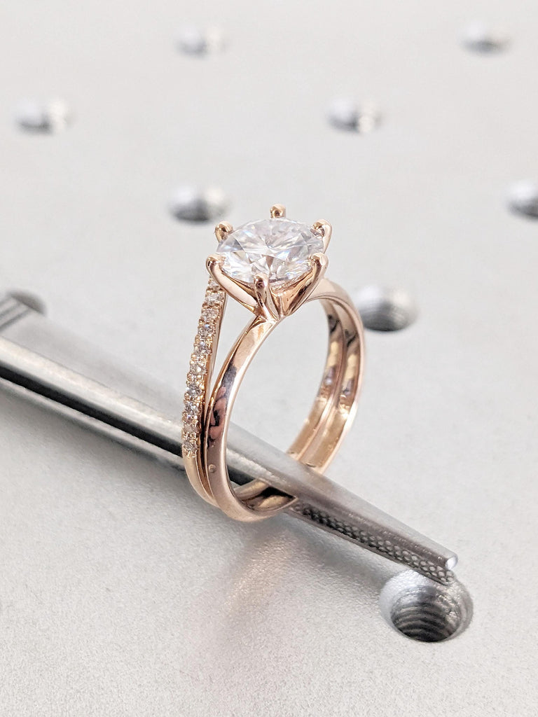 14K Real Gold 6 Prong Round Cut Solitaire Moissanite Engagement Ring Set | Dainty Stacking Ring For Her | Rose Gold Promise Ring Bridal Set