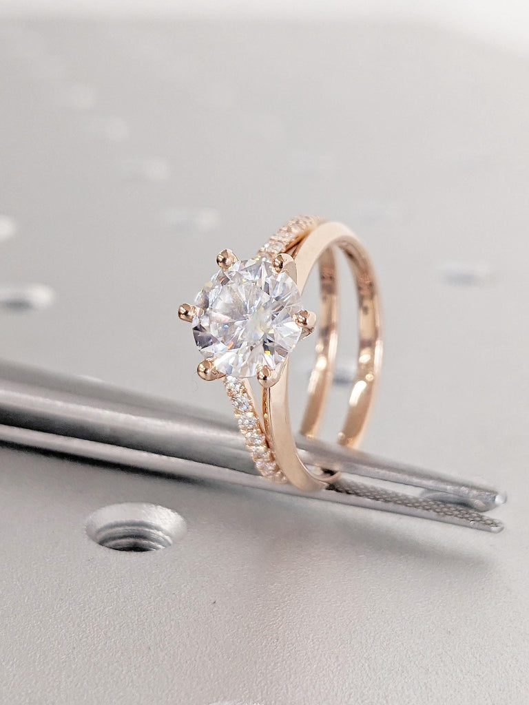 Lab Created Diamond Engagement Ring Set | Lab Grown Diamond Ring | Round Certified Lab Diamond Ring | 14k Rose Gold Bridal Ring Gift for Her