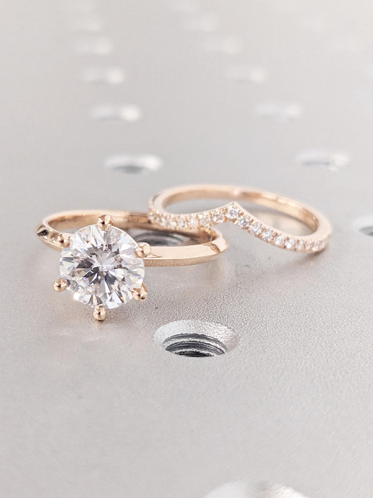 Round Lab Grown Diamond Stacking Ring Bridal Set | Round Diamond Thin Engagement Ring | Dainty Ring | 14K Rose Gold Woman Solitaire Ring