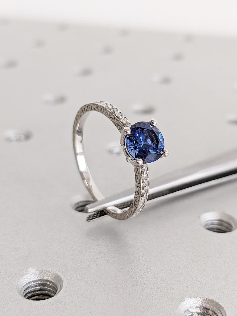 Round Lab Sapphire Engagement Ring, 14k White Gold Ring, Unique Anniversary Rings for Women, Vintage Filigree Promise Ring, Gift for Her