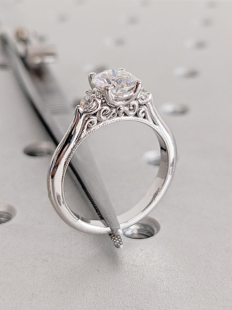 Round Cut Moissanite Engagement Rings for Women, Two Tone Ring, Filigree 14k White Gold Ring, Milgrain Wedding Band, Vintage Promise Ring