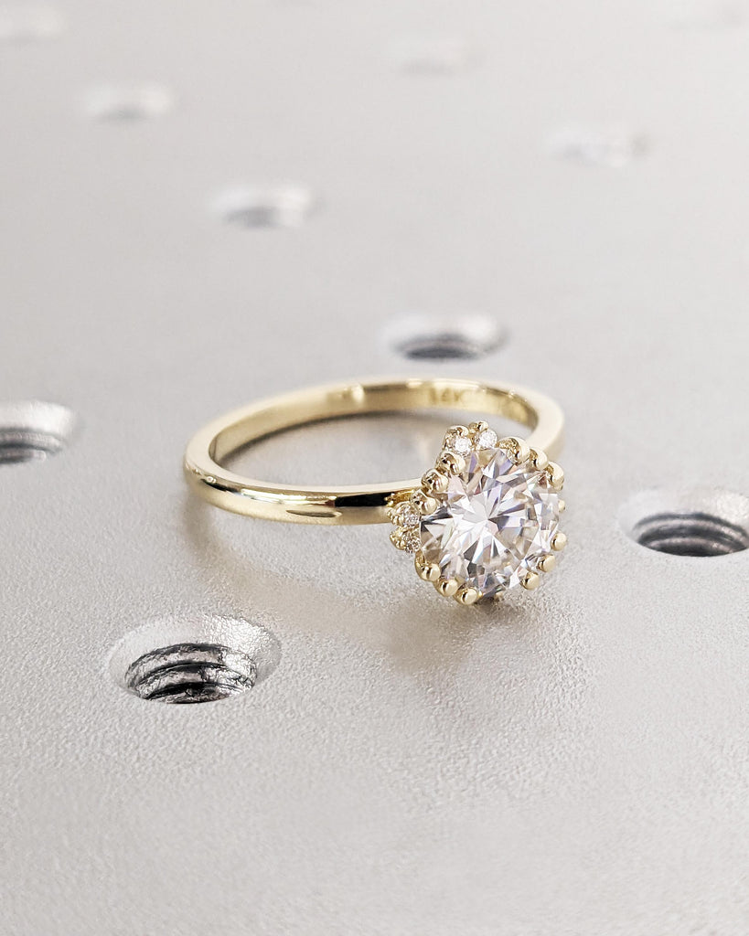 Solitaire Round Cut Lab Diamond Ring | 14K 18K Gold Vintage Proposal Ring | Starburst Floral Engagement Ring | Promise Ring | Statement Ring