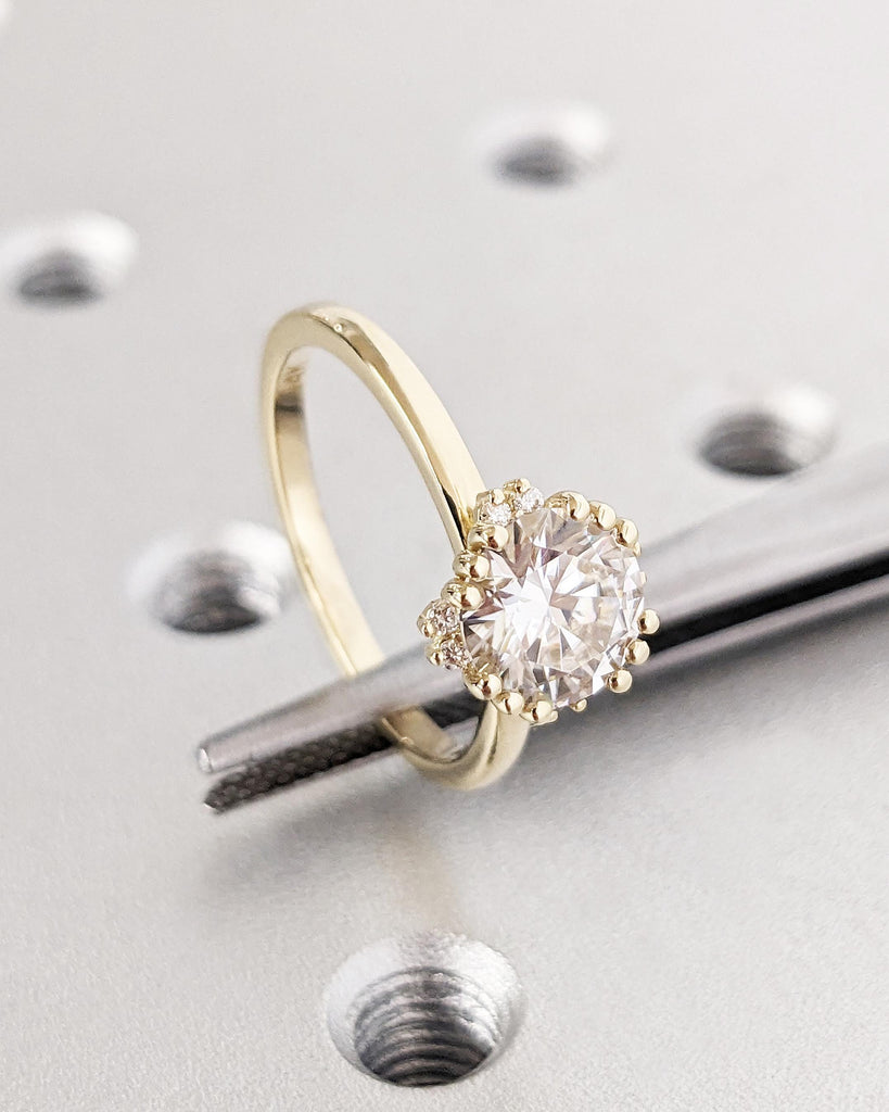 Perfect Lab Created Diamond Engagement Ring | 14k Yellow Gold Promise Ring | Floral Ring | Diamond Halo Ring | Handmade Dainty Bridal Ring
