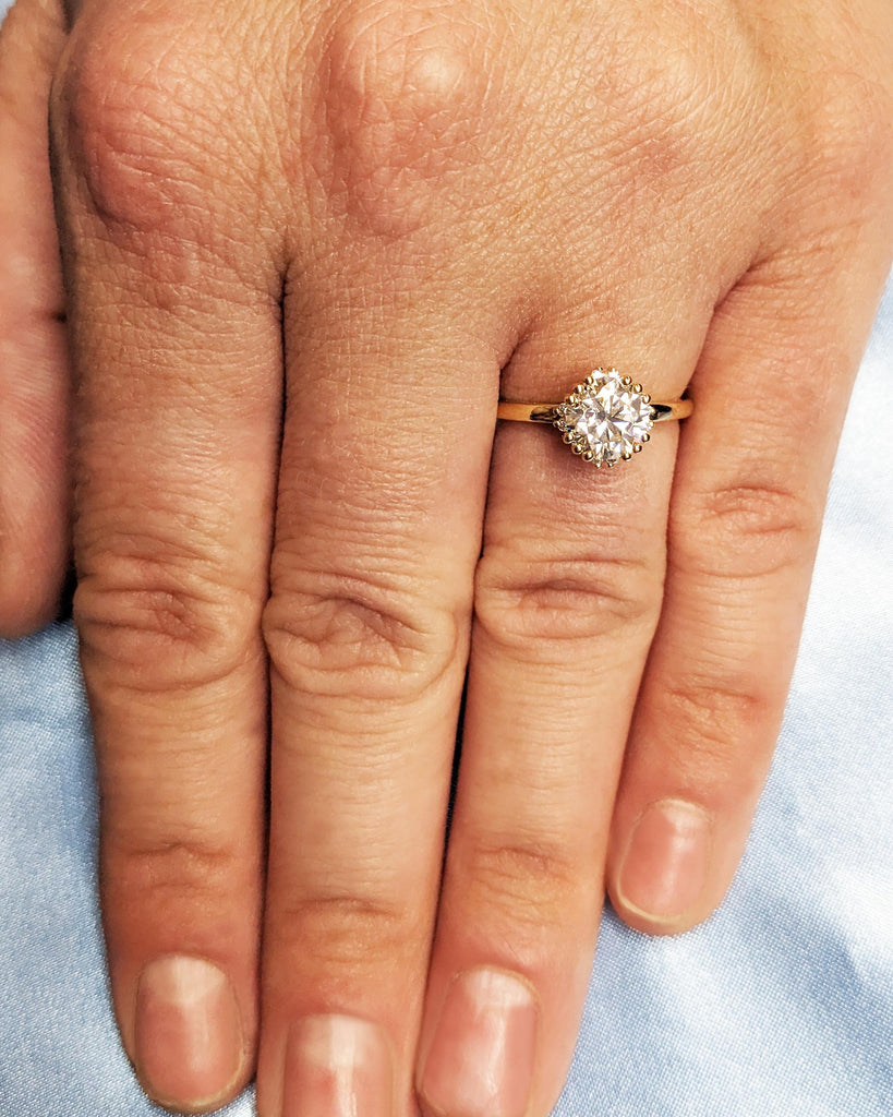 Solitaire Round Cut Lab Diamond Ring | 14K 18K Gold Vintage Proposal Ring | Starburst Floral Engagement Ring | Promise Ring | Statement Ring