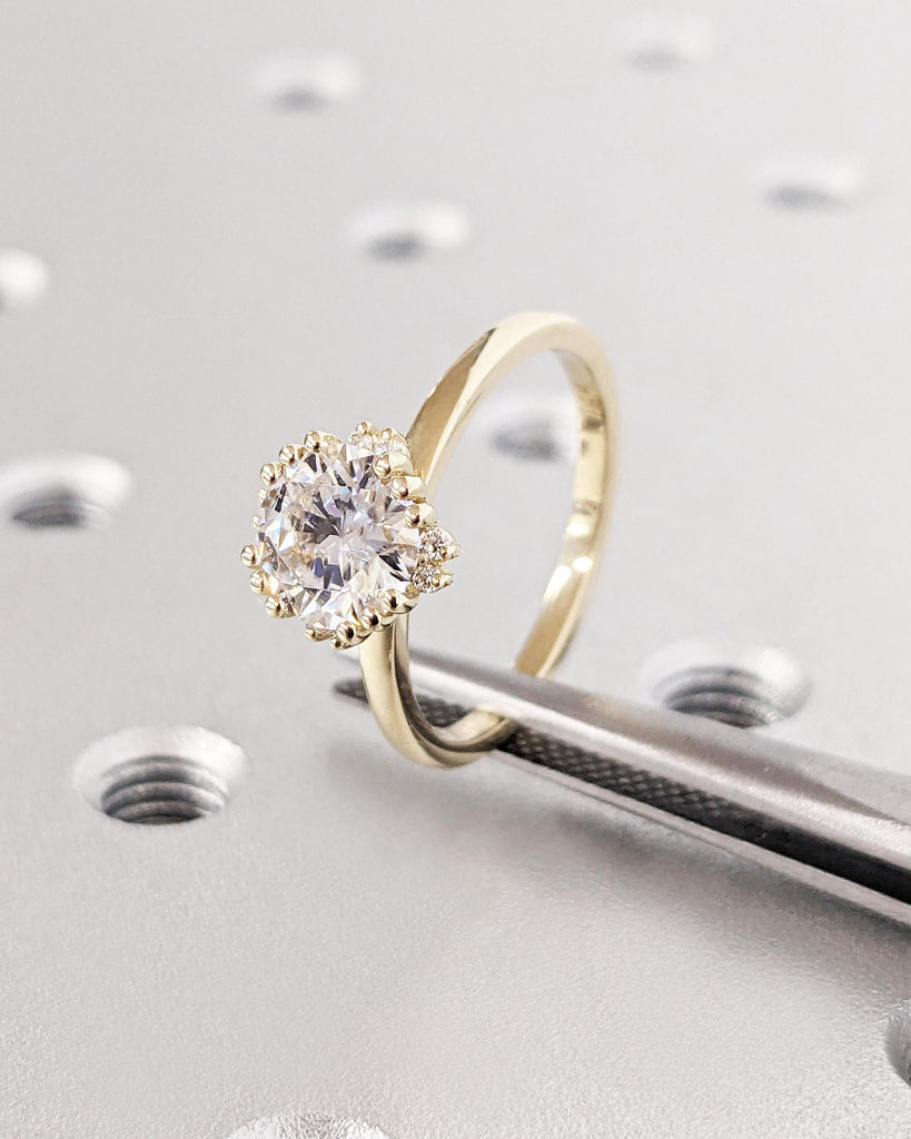 Perfect Lab Created Diamond Engagement Ring | 14k Yellow Gold Promise Ring | Floral Ring | Diamond Halo Ring | Handmade Dainty Bridal Ring