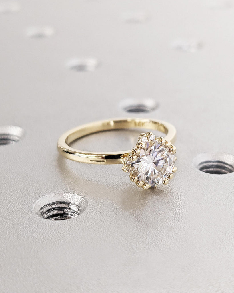 Unique Floral Halo Engagement Ring | 14k Yellow Gold Moissanite Ring | Round Moissanite Promise Ring | Art Deco Ring | 1 ct, 2ct Moissanite