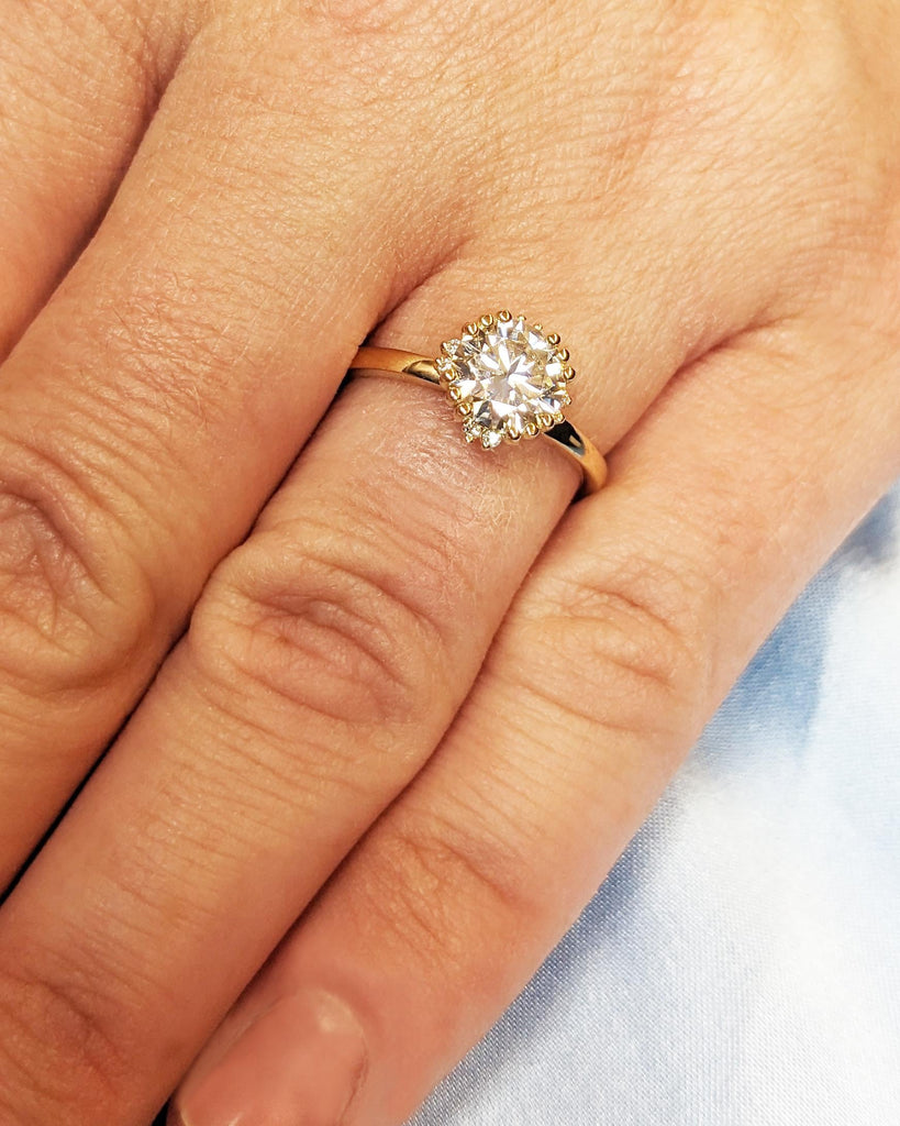 Unique Floral Halo Engagement Ring | 14k Yellow Gold Moissanite Ring | Round Moissanite Promise Ring | Art Deco Ring | 1 ct, 2ct Moissanite