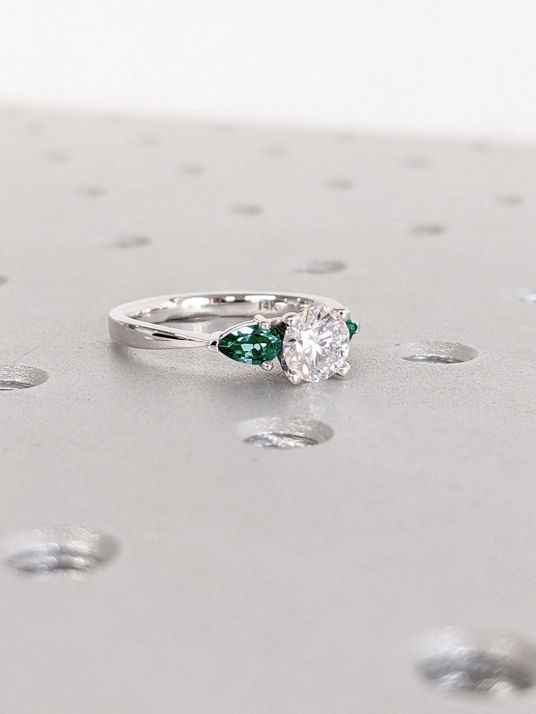 1-2 Carat Lab Diamond Ring | Natural Emerald Accents Wedding Anniversary Cocktail Ring | Fine Custom Rings