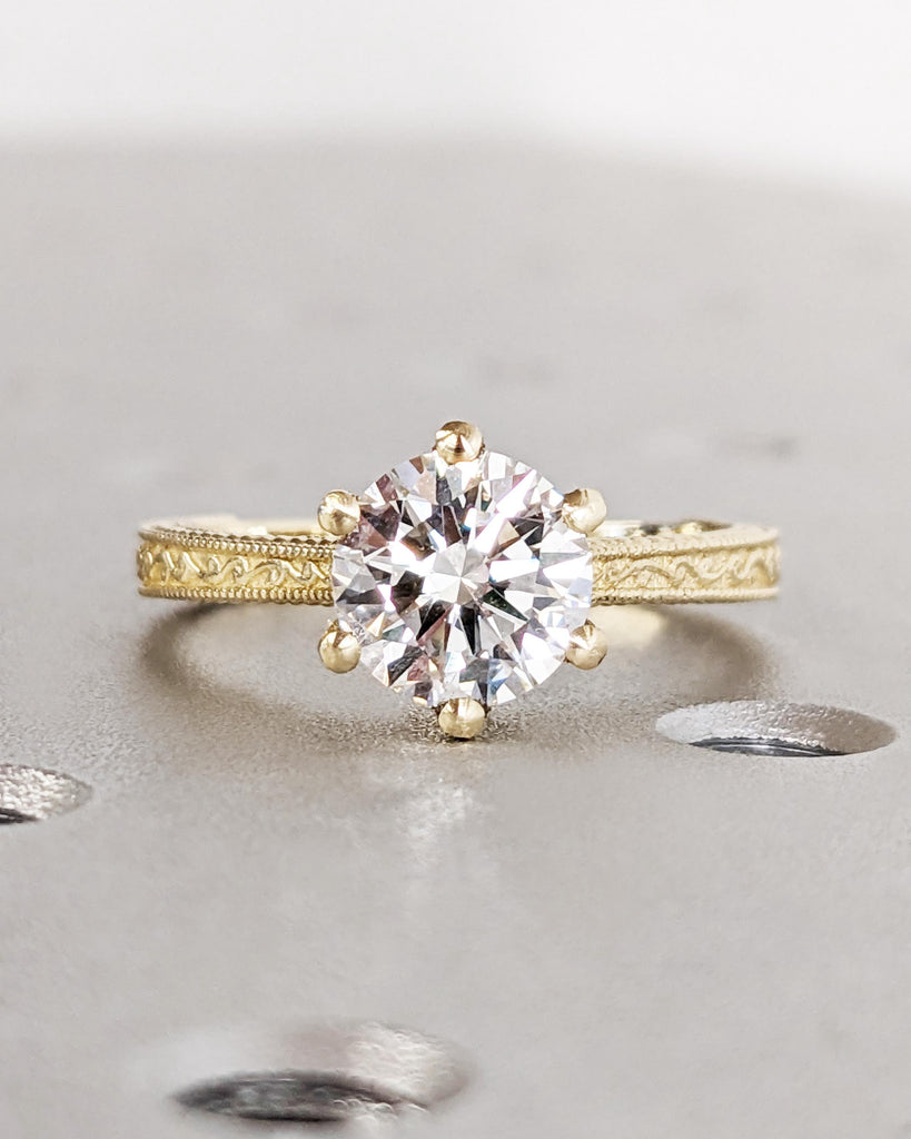 Classic Solitaire Lab Grown Diamond Engagement Ring, Art Deco Milgrain Filigree Band Wedding Ring, Unique Vintage 14K Gold Ring Gift For Her