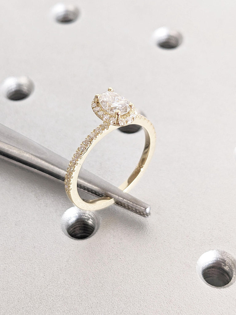 Oval Halo Moissanite Engagement Ring | Halo Ring, Oval Cut Moissanite Ring | Promise Ring | Wedding Ring | 14K Yellow Gold Ring For Women