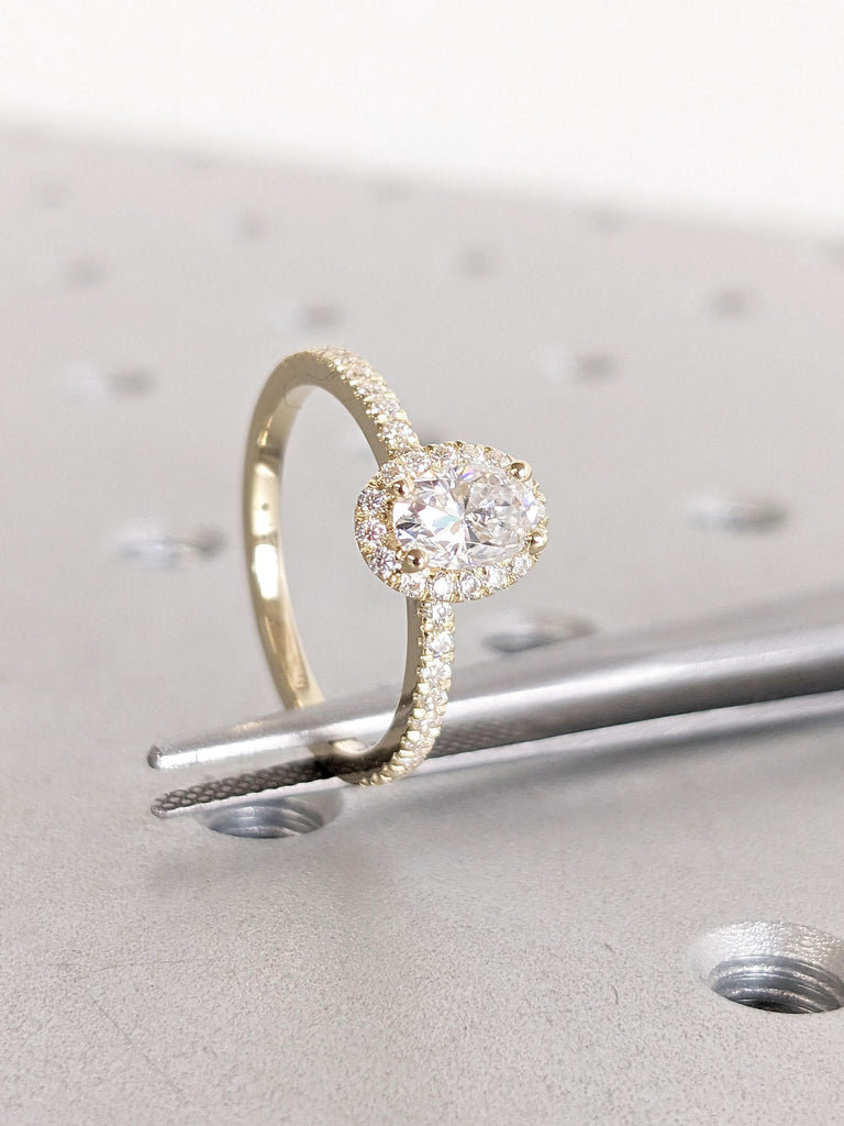 Oval cut VVS Moissanite Unique Proposal Ring | 14kYellow Gold Lab Diamond Half Eternity Ring | Oval Halo Ring for Her