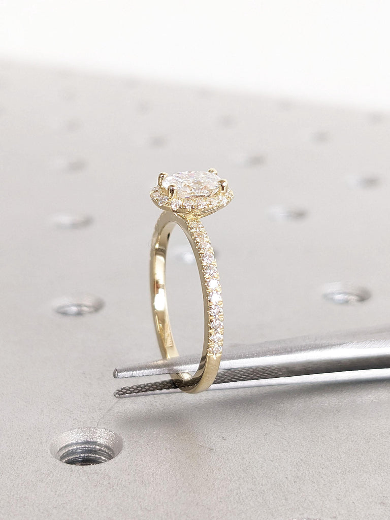 Lab Diamond Cluster Half Eternity Ring | Woman Bridal Jewelry | Solid Gold Oval Halo Promise Ring for Her