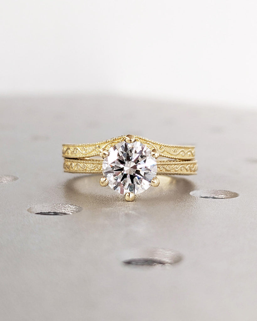 Art Deco Filigree Round Moissanite Solitaire Ring, Vintage Round Moissanite Engagement Ring For Women, 14K Real Yellow Gold Anniversary Ring