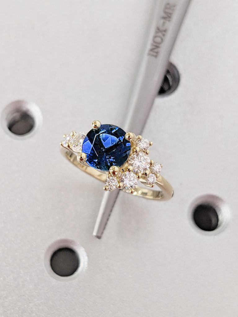 Unique Sapphire and Moissanite Engagement Ring for Her | Real Yellow Gold Wedding Ring | Diamond Cluster Promise Ring