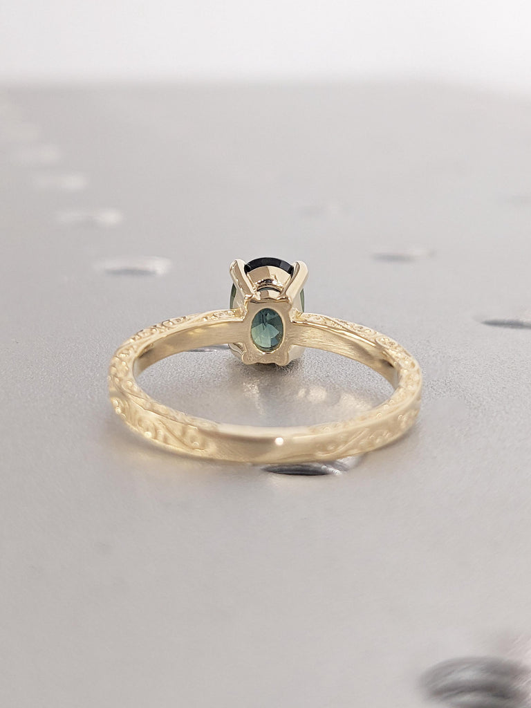 Natural Teal Sapphire Solitaire Ring | Lab Diamond Cluster Promise Ring | Vintage Filigree Wedding Band | Oval Sapphire Yellow Gold Ring