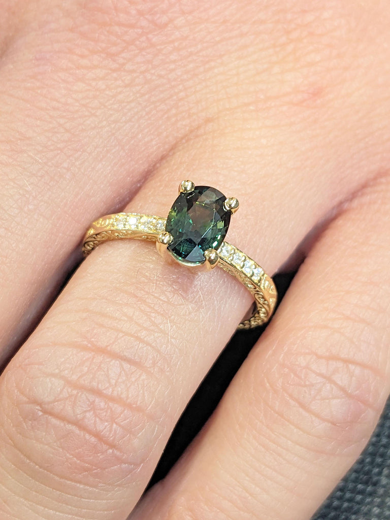 Natural Teal Sapphire Solitaire Ring | Lab Diamond Cluster Promise Ring | Vintage Filigree Wedding Band | Solid Yellow Gold Ring