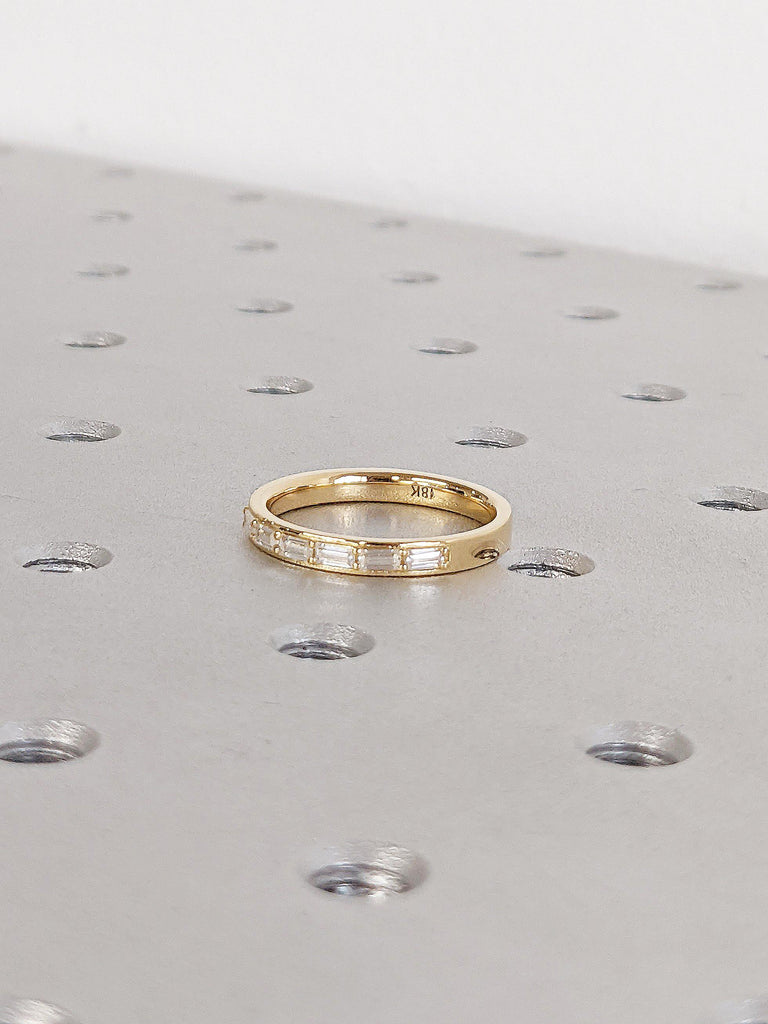 Half Eternity Baguette Wedding Band, 18k Yellow Gold Diamond Matching Rings for Women, Dainty Baguette Ring, Stacking Ring, Anniversary Gift