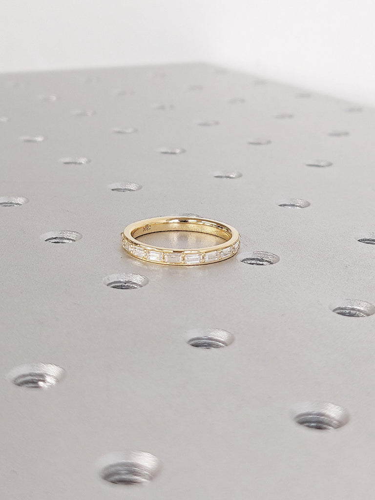 Half Eternity Baguette Wedding Band, 18k Yellow Gold Diamond Matching Rings for Women, Dainty Baguette Ring, Stacking Ring, Anniversary Gift