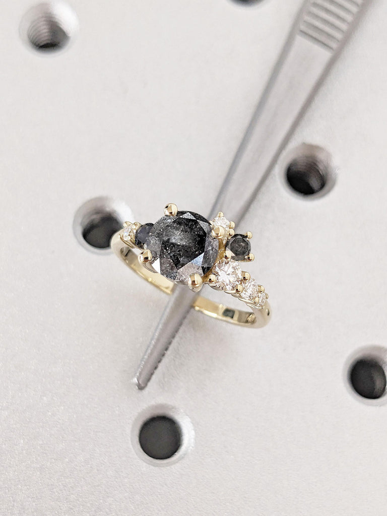 Round cut Salt and Pepper Black Diamond Cluster Ring | Diamond Engagement Ring for Her | Unique Proposal Ring | 1, 1.5, 2CT Diamond Artisan Jewelry