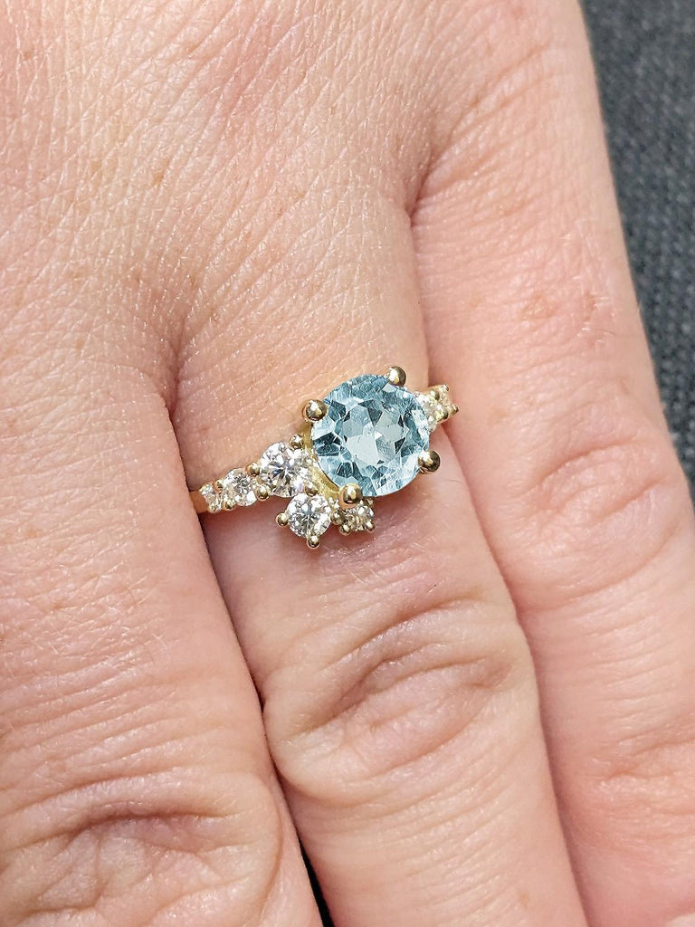 1ct Lab Aquamarine and Moissanite Promise Ring | Solid Yellow Gold Wedding Ring | Woman Bridal Jewelry | Light Blue Gemstone and Diamond Cluster Ring