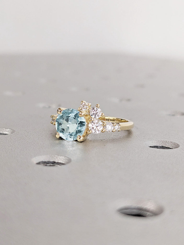 Lab Diamond Cluster Engagement Ring | Aquamarine and Natural Diamond Cluster Ring | Elegant Lab Aquamarine Engagement Ring with Sparkling Diamonds