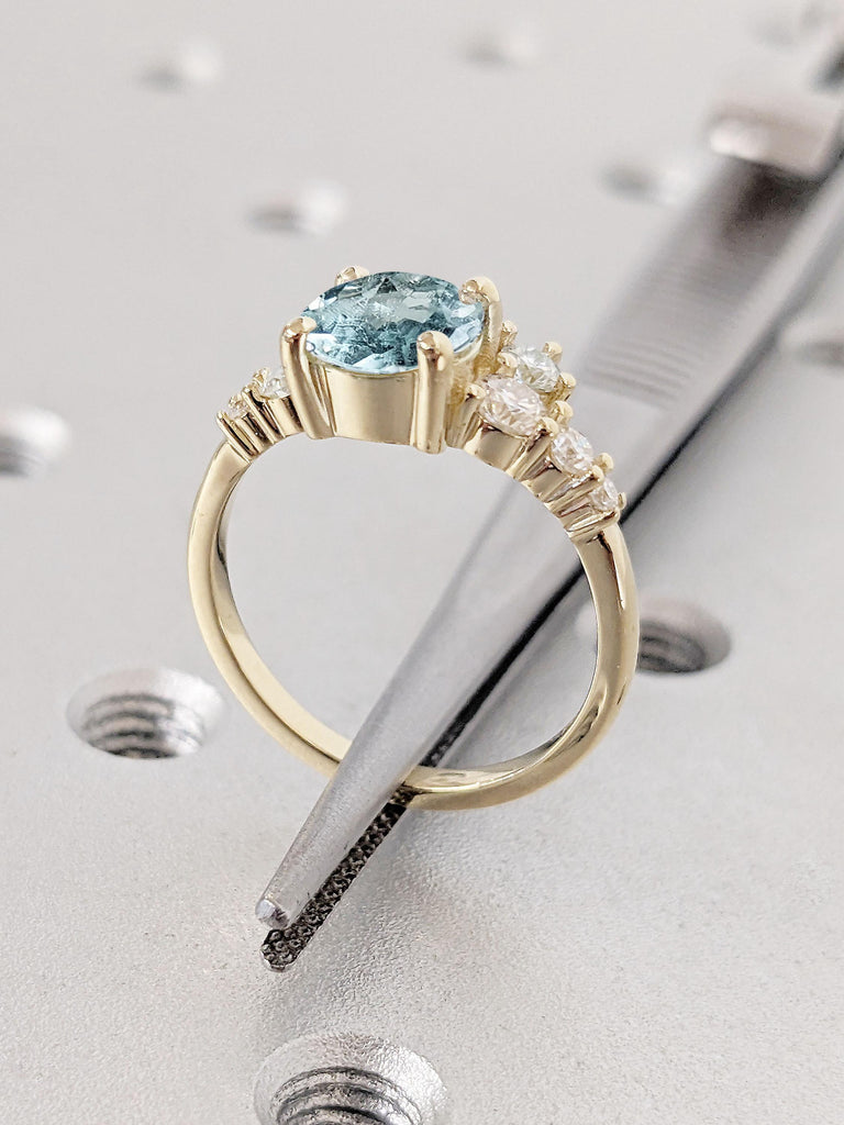 14k Gold Round Aquamarine and Diamond Engagement Ring | Moissanite Cluster Ring | Unique Aquamarine Ring | Promise Anniversary Gift for Wife