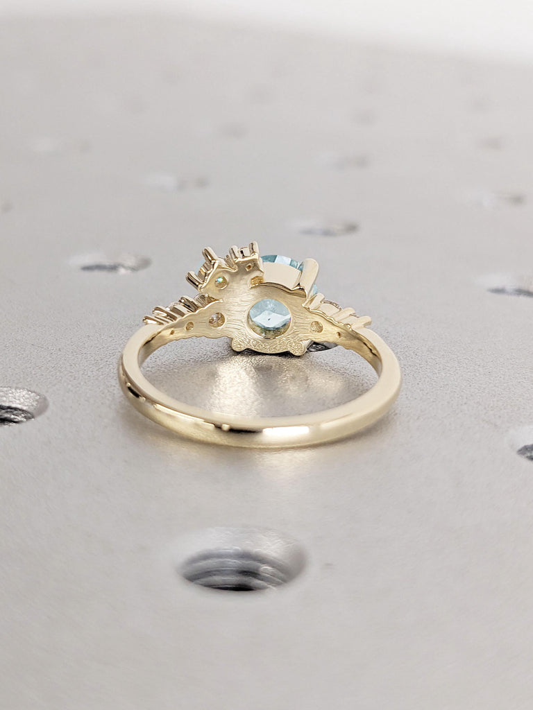 14k Gold Round Aquamarine and Diamond Engagement Ring | Moissanite Cluster Ring | Unique Aquamarine Ring | Promise Anniversary Gift for Wife