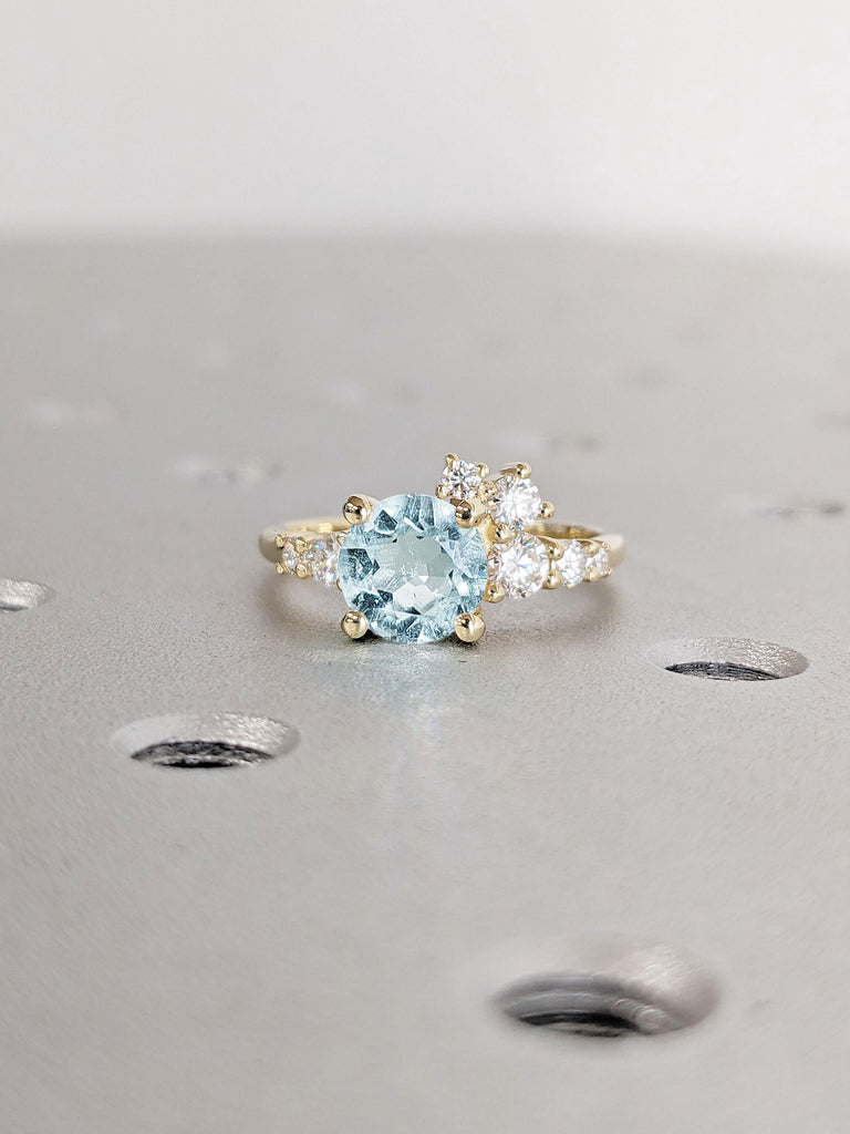 Aquamarine and Diamond Cluster Ring in 14k Gold | Lab Grown Diamond Cluster Ring | Unique Aquamarine Ring Wedding Band | Promise Anniversary Gift for Wife