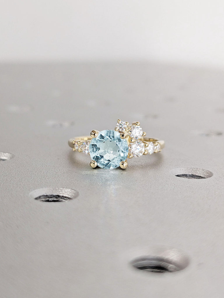 Aquamarine and Diamond Cluster Ring in 14k Gold | Lab Grown Diamond Cluster Ring | Unique Aquamarine Ring Wedding Band | Promise Anniversary Gift for Wife