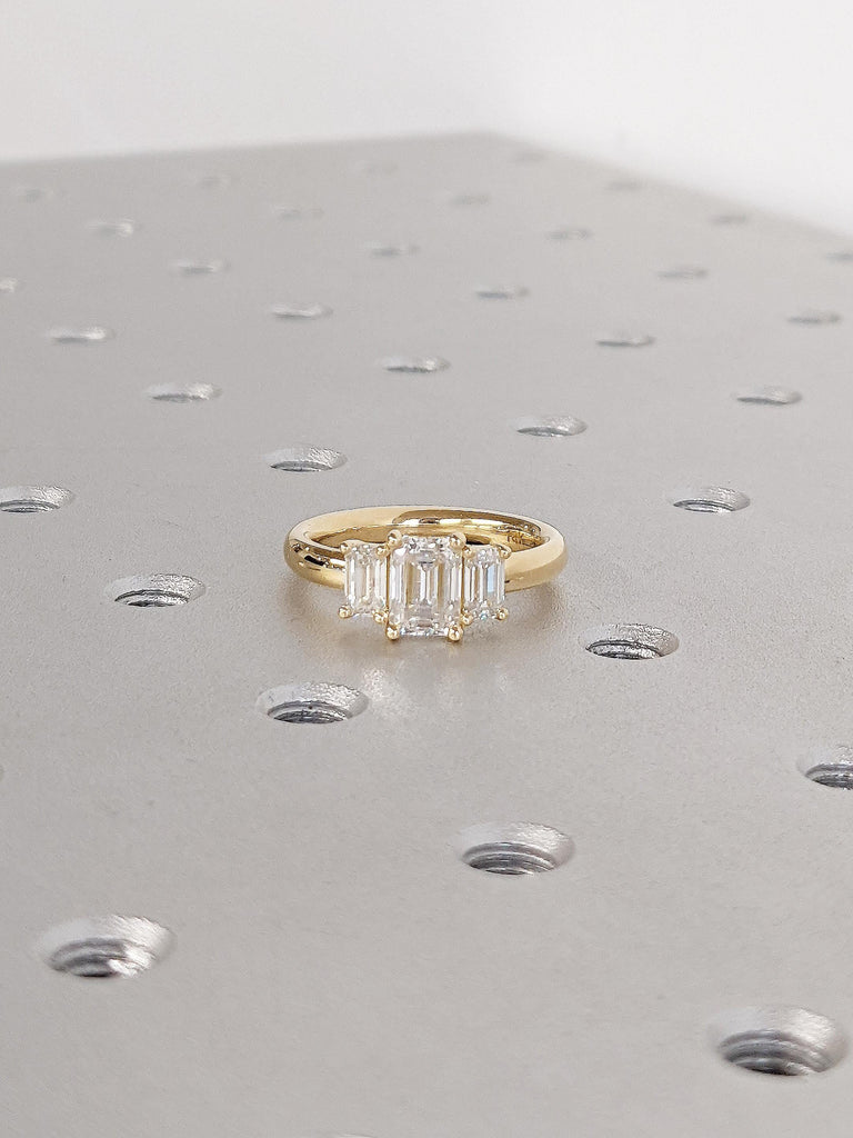 Emerald Cut Moissanite Engagement Ring | 18k Yellow Gold Wedding Ring | Unique Moissanite Three Stone Ring | Anniversary Gifts for Women