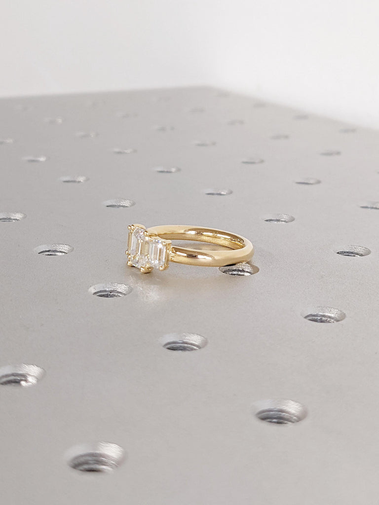 Lab Grown Diamond Promise Ring | 18k Yellow Gold Wedding Rings | Emerald Cut Three Stone Ring | Handmade Jewelry | Unique Statement Ring