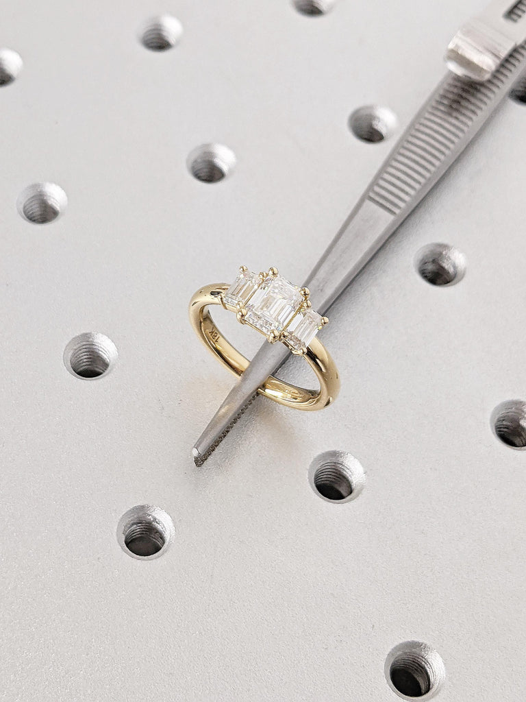 Lab Grown Diamond Promise Ring | 18k Yellow Gold Wedding Rings | Emerald Cut Three Stone Ring | Handmade Jewelry | Unique Statement Ring