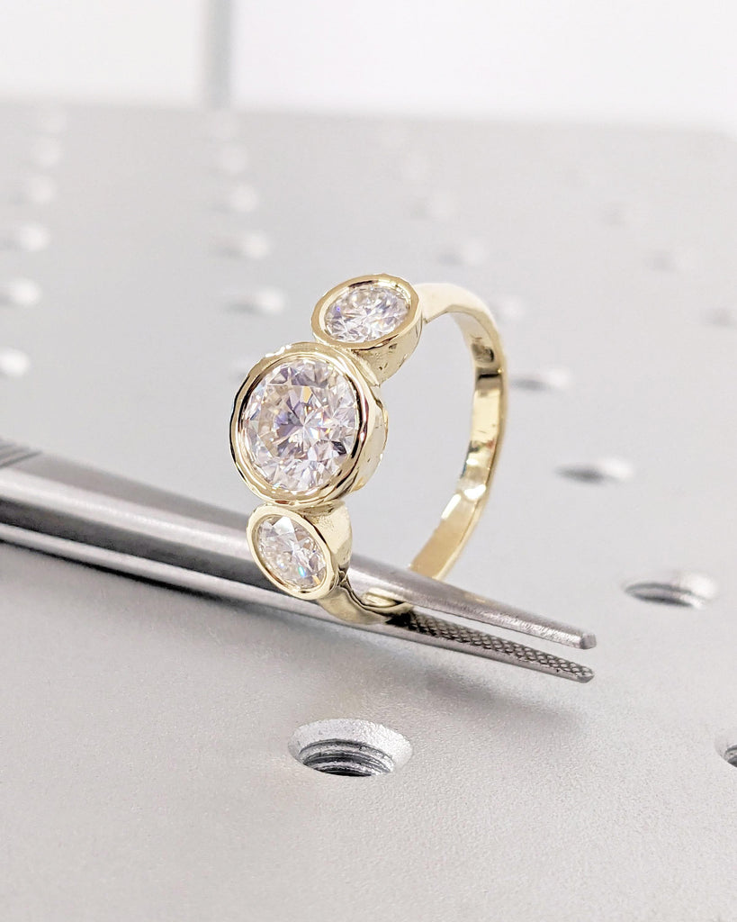 Three Stone Engagement Ring 14K/18k Yellow Gold Bridal | Past Present Future Ring | Bezel set Lab Created Diamond Engagement Ring | Three stone Simulant Diamond Ring