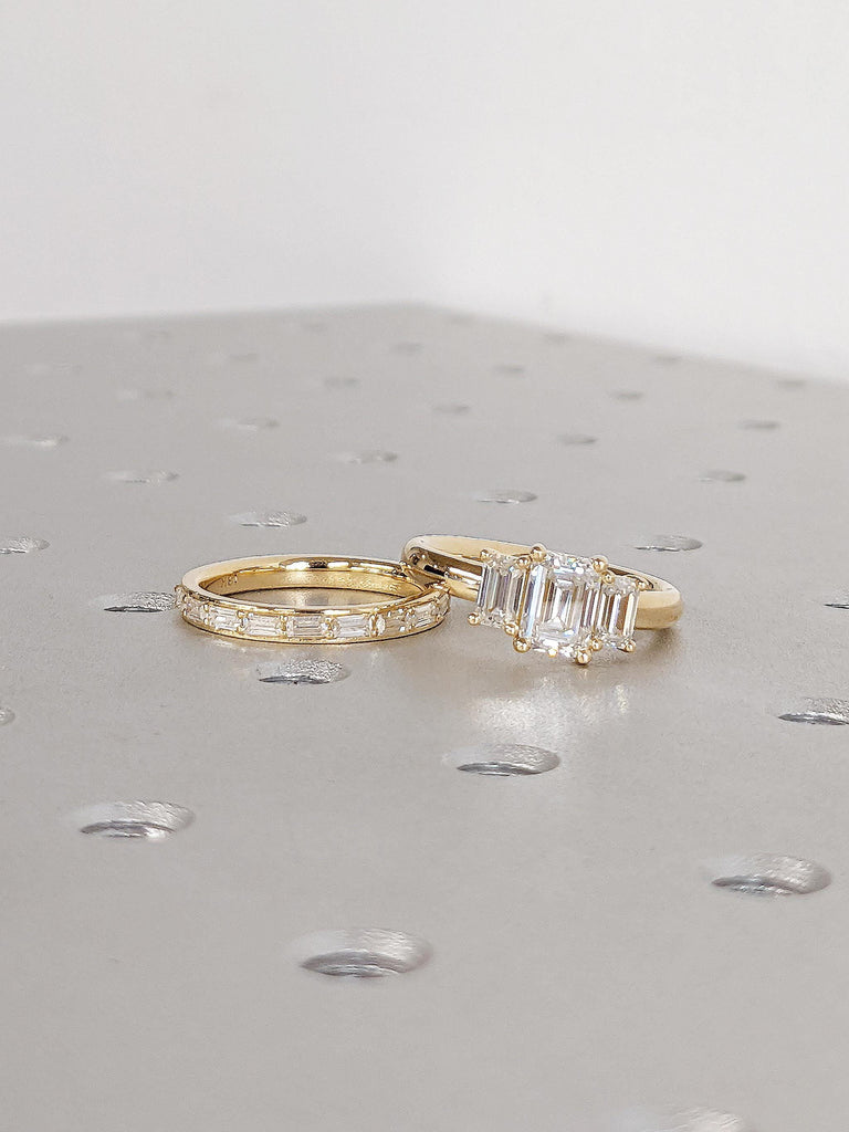 Three Stone Emerald Cut Moissanite Engagement Ring Set | 18k Yellow Gold Promise Ring | Half Eternity Baguette Wedding Ring | Gift for Her