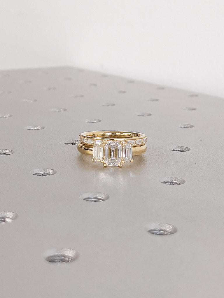 Emerald Cut Moissanite Engagement Ring Set | 18k Yellow Gold Half Eternity Baguette Matching Rings for Women | Unique Diamond Wedding Ring