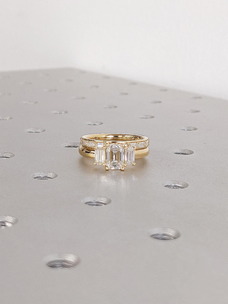 Three Stone Emerald Cut Moissanite Engagement Ring Set | 18k Yellow Gold Promise Ring | Half Eternity Baguette Wedding Ring | Gift for Her