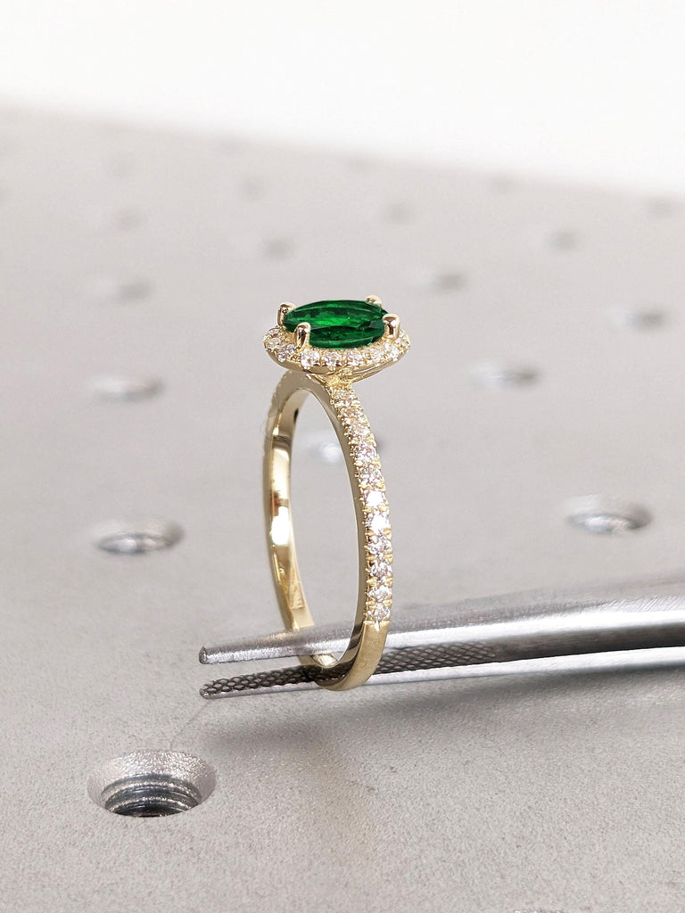 Oval Emerald Engagement Ring | Unique Yellow Gold Oval Halo Ring | Green Gemstone Ring | May Birthstone Gift for Her | Emerald and Diamonds